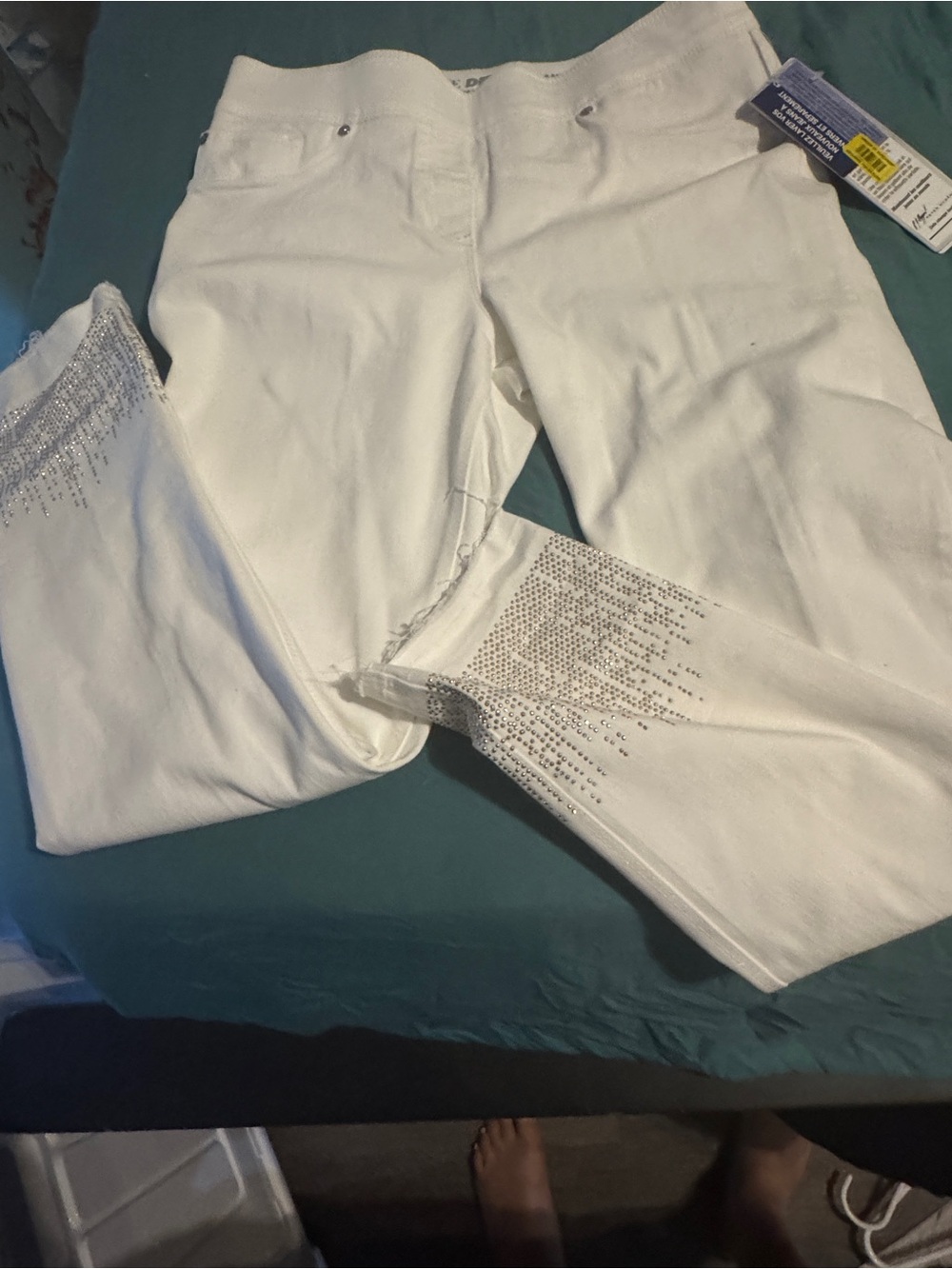 LK Bennett White Cropped Jeans with Silver Rhinestone Detail